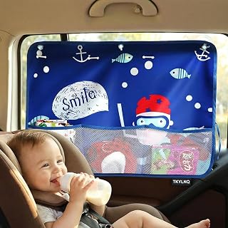 Car Window Sun Shade for Baby, Cute Cartoon Blackout Shade with Net Pockets