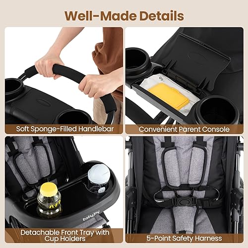 Miniatura 3 de BABY JOY Cochecito para correr, cochecito plegable con toldo y respaldo ajustables, neumáticos llenos de aire, bandeja para niños y padres,