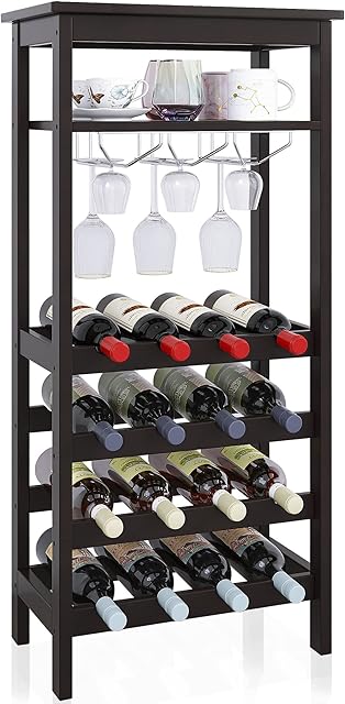 SMIBUY Wine Rack with Glass Holder & Table Top, 16 Bottles Storage, Floor Free Standing Bamboo Display Shelves for Home, Kitchen, Pantry, Cellar, Bar (Espresso)