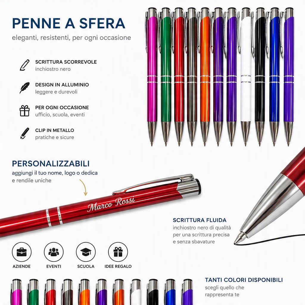 Penna a sfera personalizzata idea regalo. Penna con incisione Laser, Nome, testo,Penna a Sfera per Ufficio, Laurea, Matrimonio, Anniversario, compleanno (50, Bianco)