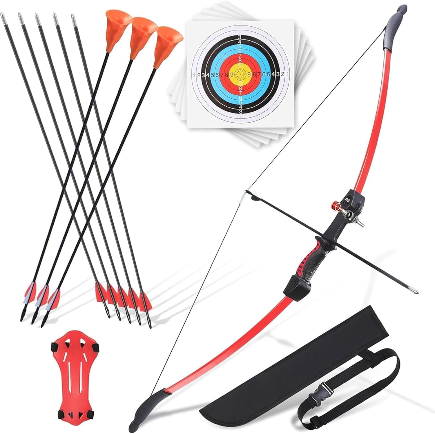 CrazyMouse Bow and Arrow for Teens Beginners Adults Recurve Bow Set 8 Arrows 5 Target Face Archery Longbow Kit Backyard Games Gift for Outdoor Sports (Red Archery Bow Set)