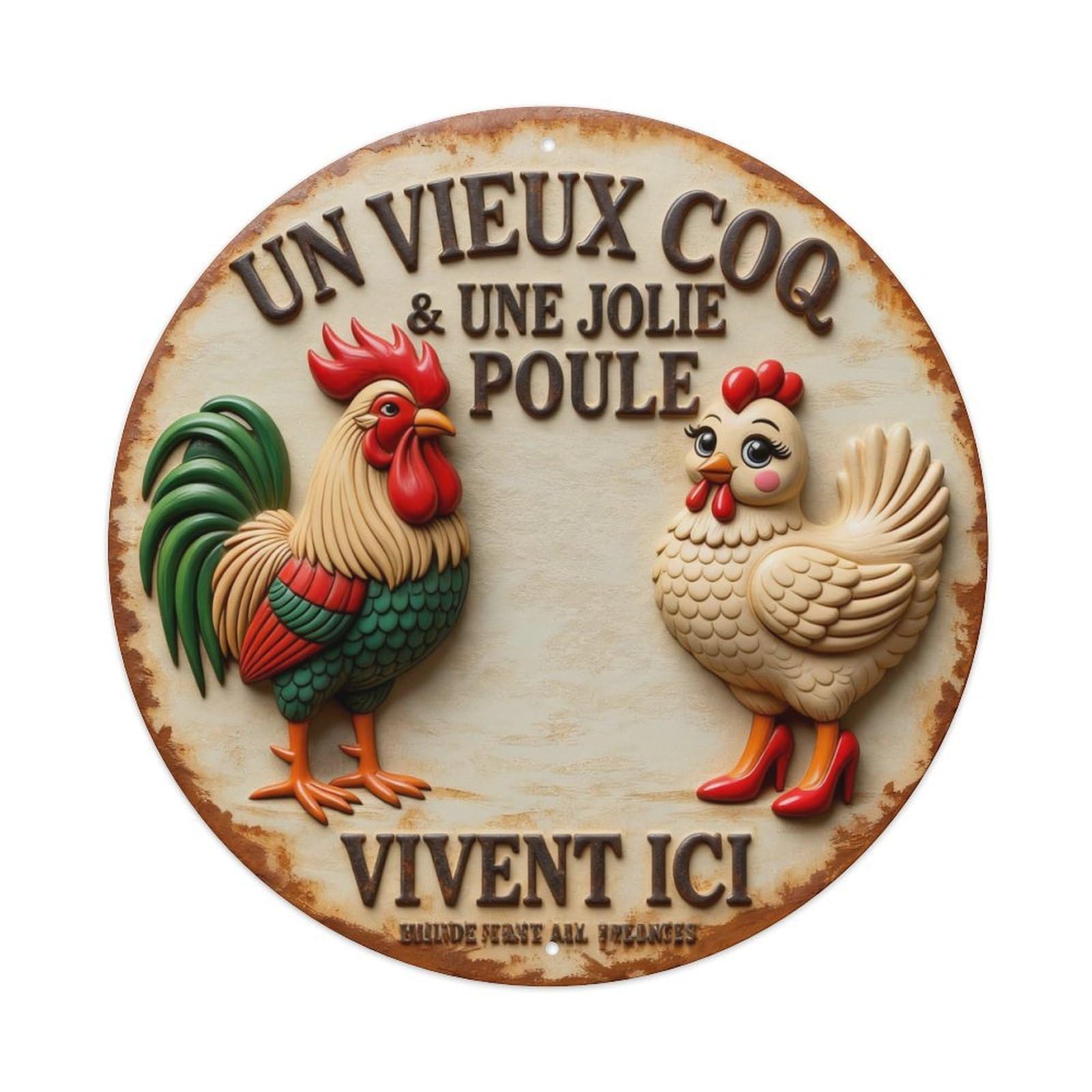 Rooster And Hen Living Here Round Metal Tin Sign Vintage Wall Decor, Bar Garage Cafe Kitchen Home Wall Art Poster 8x8inches