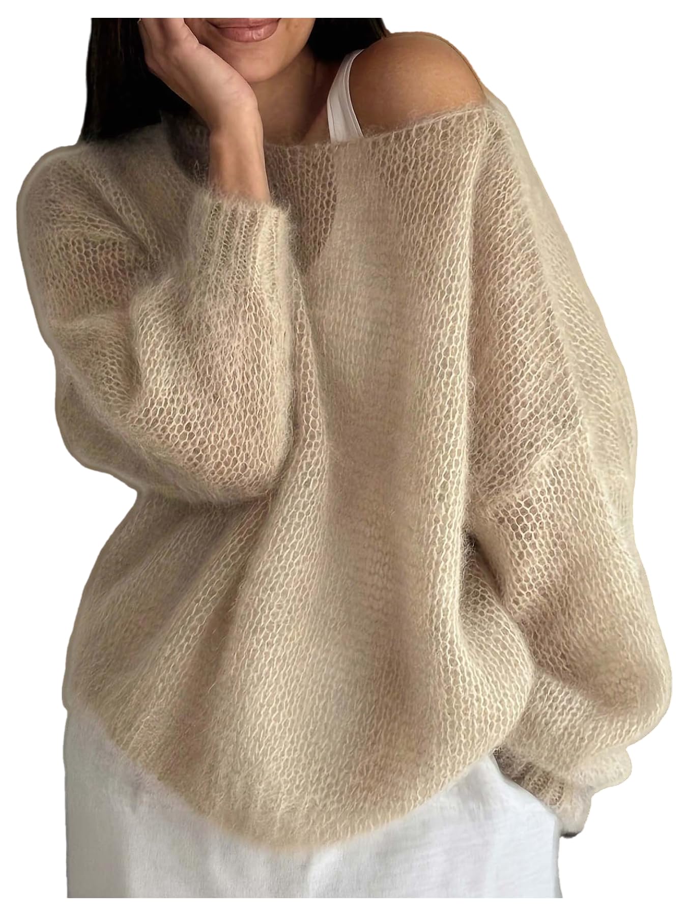 MakeMeChic Womens Crochet Sweater Long Sleeve Off The Shoulder Fall Lightweight Pullovers