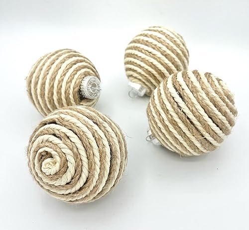 Miniatura 2 de Adornos de espiral de cuerda de yute y crema, bolas envueltas en cuerda, árbol de Navidad bohemio para el hogar, juego de 4
