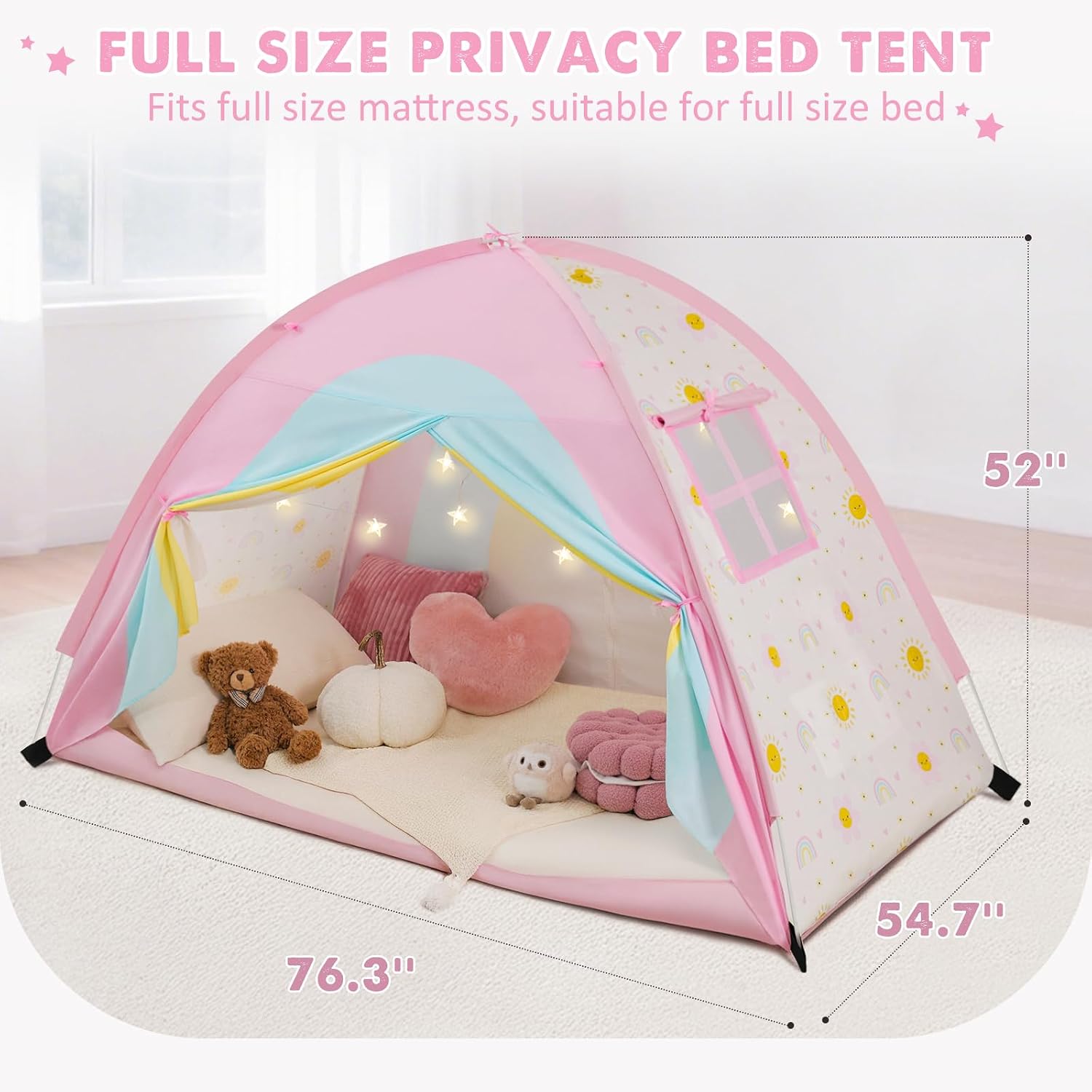Full Bed Tent for Kids, Privacy Bed Canopy with Star Lights, Rainbow | Breathable Floor Sleep Tent, Blackout Privacy Space, Fits Twin Beds, Easy Setup & Washable, Ideal Gift for Boys & Girls