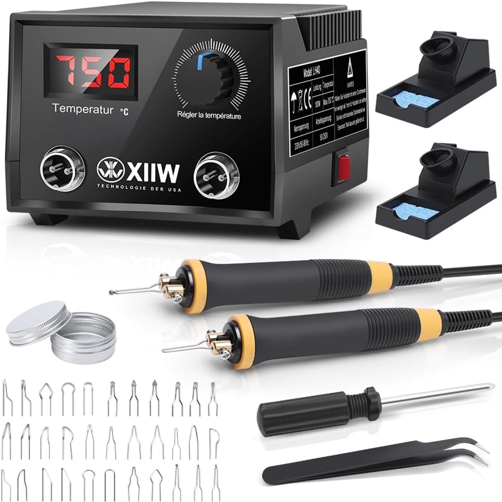 XIIW Kit Pirografo per Legno 100W | 2 Penne Pirografia e 23 Punte | 0–750°C Regolabile | Doppio Attacco | Display Digitale - Macchina Pirografica Leggera per Fai da Te e Artigianato | Regalo Creativo