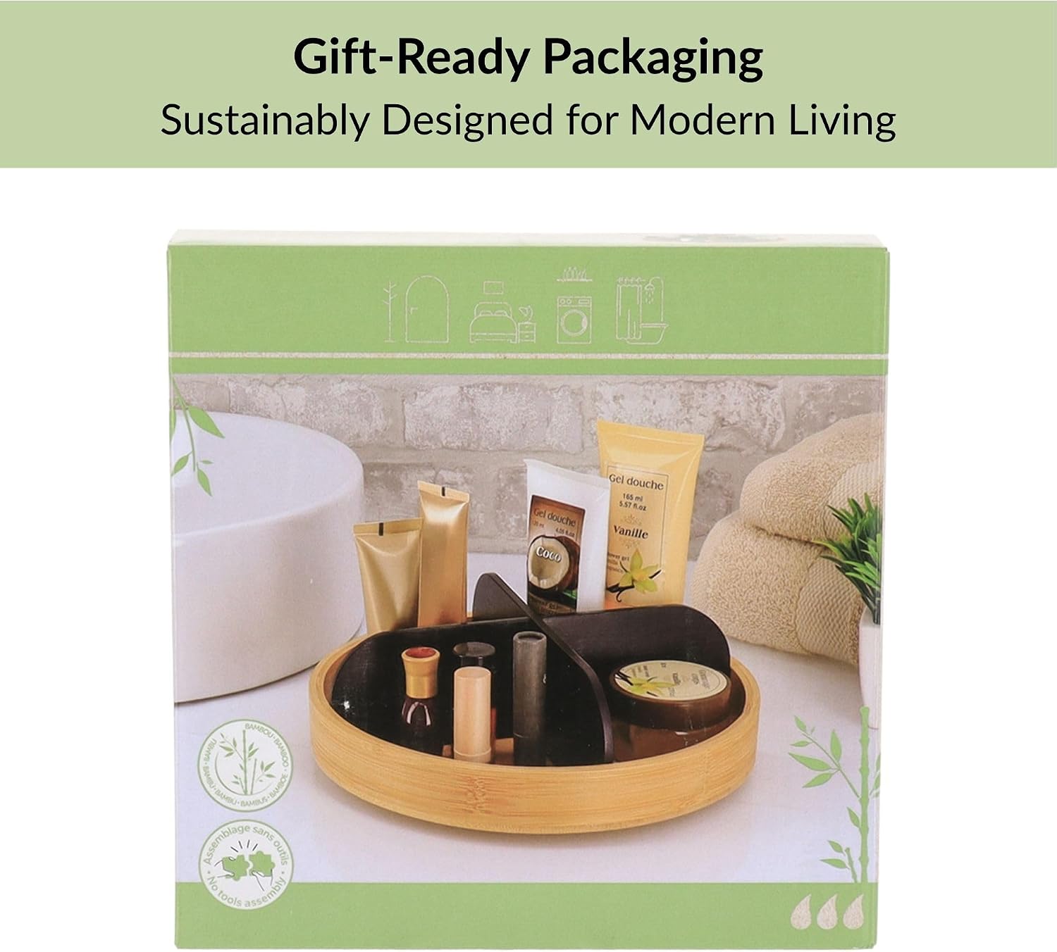 Rotating Bathroom Organizer with 4 Compartments - 360° Swivel Countertop or Vanity Tray for Cosmetics, perfumes, Toiletries - Compact Bamboo Base with Matte Black Finish