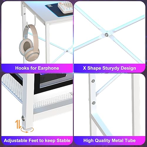 Miniatura 8 de X-cosrack Escritorio pequeño para juegos con luces LED y tomas de corriente, escritorio compacto de 33.5 pulgadas para computadora de oficina en