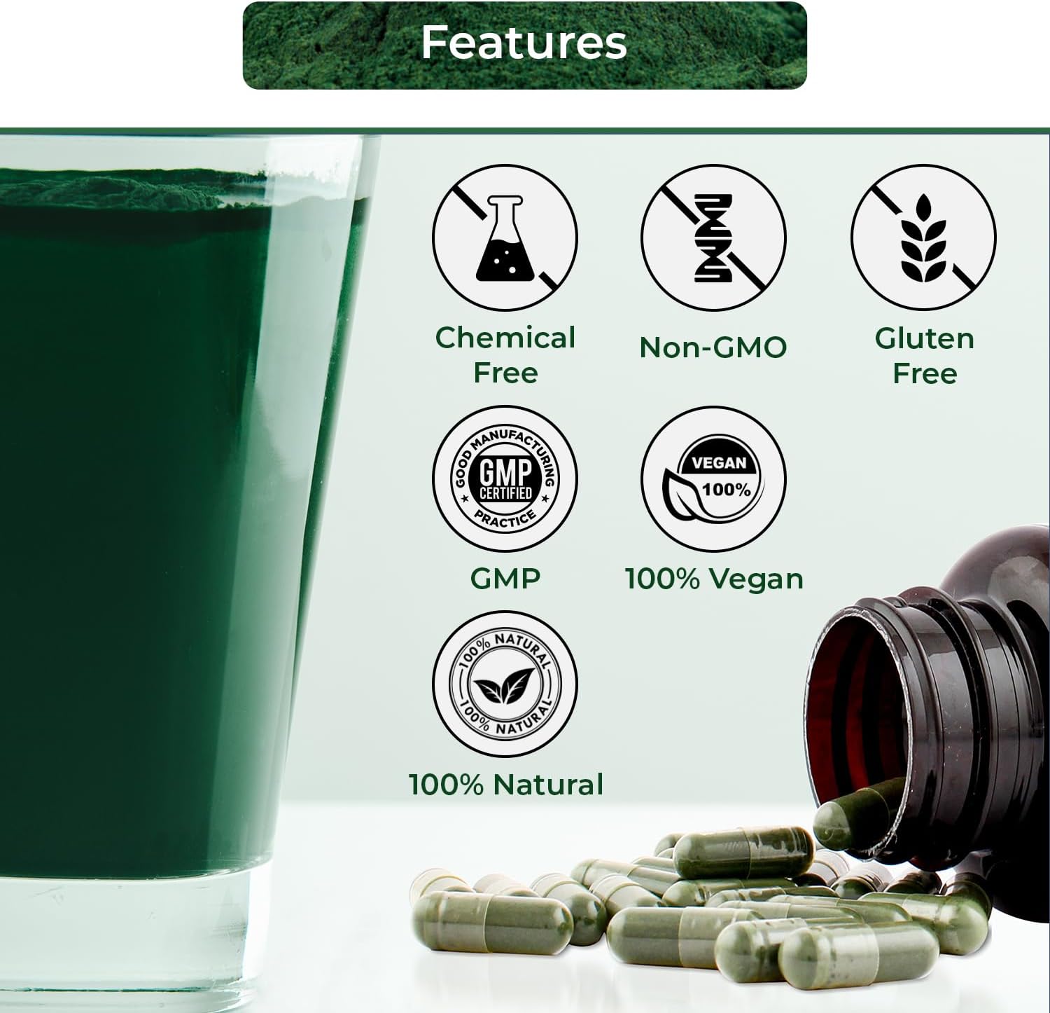 USDA Organic Spirulina Capsules - 100% Pure Vegan Supplement, Non-GMO, Gluten-Free, Chemical-Free, (120) - Image 3