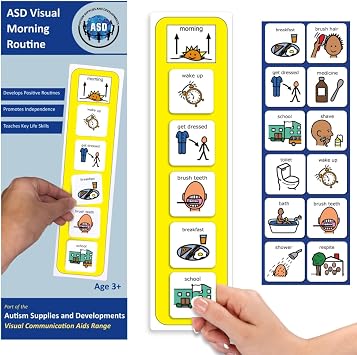 Morning Routine Chart, Visual Schedule for Kids with Autism/ASD English | Board 31 x 8 cm, 12 genuine Boardmaker symbols, 5 at once, 4.5 cm each, hook-and-loop, wipe-clean, PECS compatible