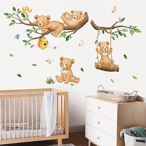 Miniatura 3 de decalmile Calcomanías de pared de oso de bosque, ramas de árbol de animales, calcomanías de pared para habitación de bebé, habitación de niños,