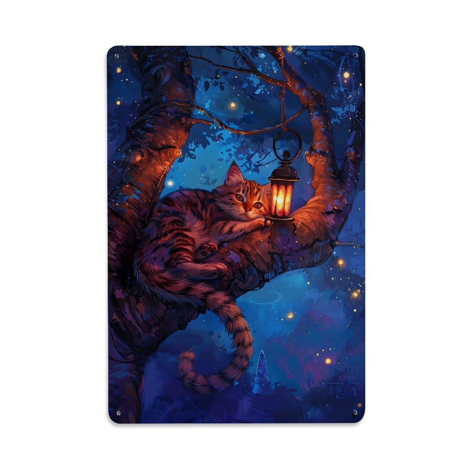 Whimsical Cat Lantern Tree Night Retro Metal Tin Sign, Vintage Decor Art Poster for Bar, Home, Man Cave, Kitchen, Laundry Room Gift 8x12Inch