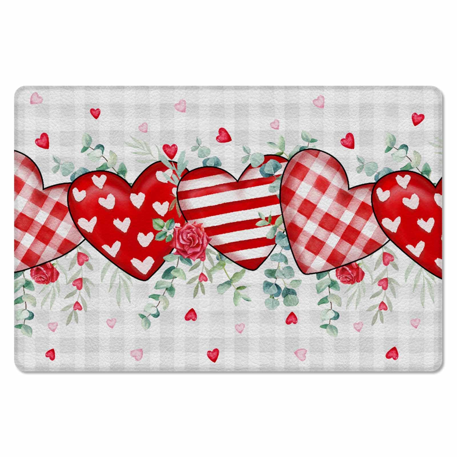 Valentine's Day Kitchen Bath Door Mat Cushioned Runner Rug,Washable Welcome Floor Sink Antifatigue Mat,Waterproof & Non-Slip Comfort Standing Doormat,Valentines Love Leaves Buffalo Plaid 18