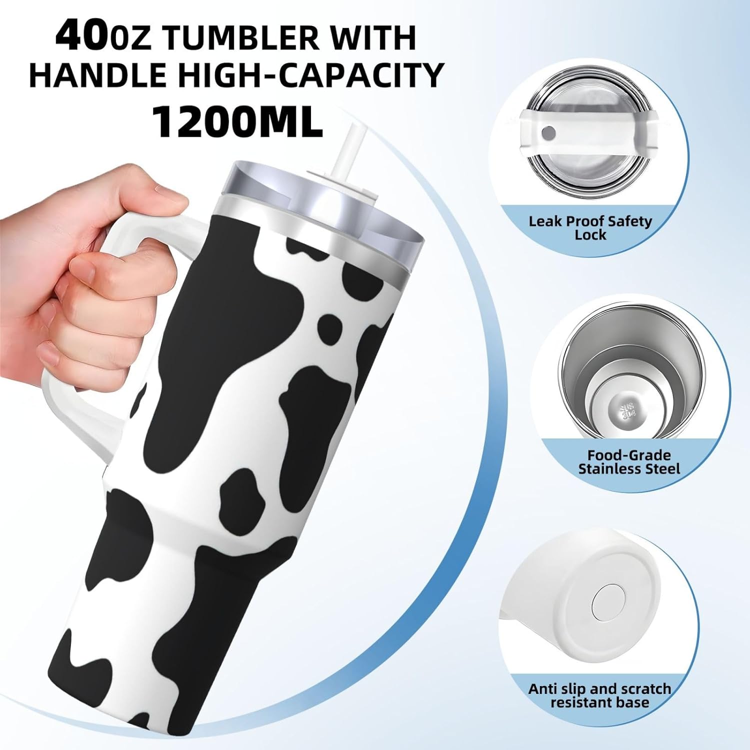 40 OZ Black And White Cow Print Ice Bully Cup with Handle Straw Lid Straw,Stainless Steel Tumbler Coffee Cup