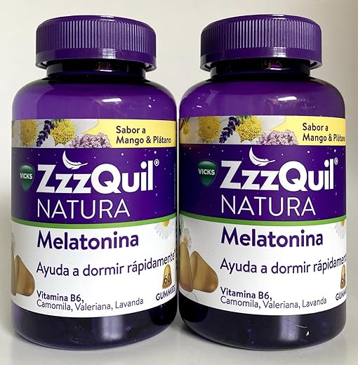 Zzzquil Natura Melatonina, Suplemento Natural para Dormir, 60 Gominolas, con Vitamina B6, Valeriana, Manzanilla y Lavanda. Sabor Mango Platano.- Pack un (total 120 gominolas)
