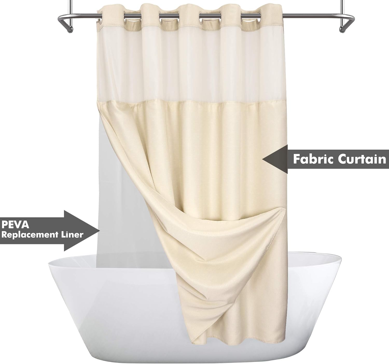 No Hook Slub Textured Shower Curtain with Snap-in PEVA Liner Set - 71" x 74"(72"), Hotel Style with See Through Top Window, Machine Washable & Water Repellent Fabric, Black, 71x74 : Home & Kitchen