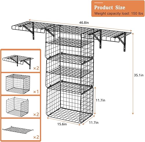 Miniatura 7 de X-cosrack Organizadores de armario ajustables montados en la pared y almacenamiento con cestas de 3 niveles, 2 estantes de alambre y divisores,