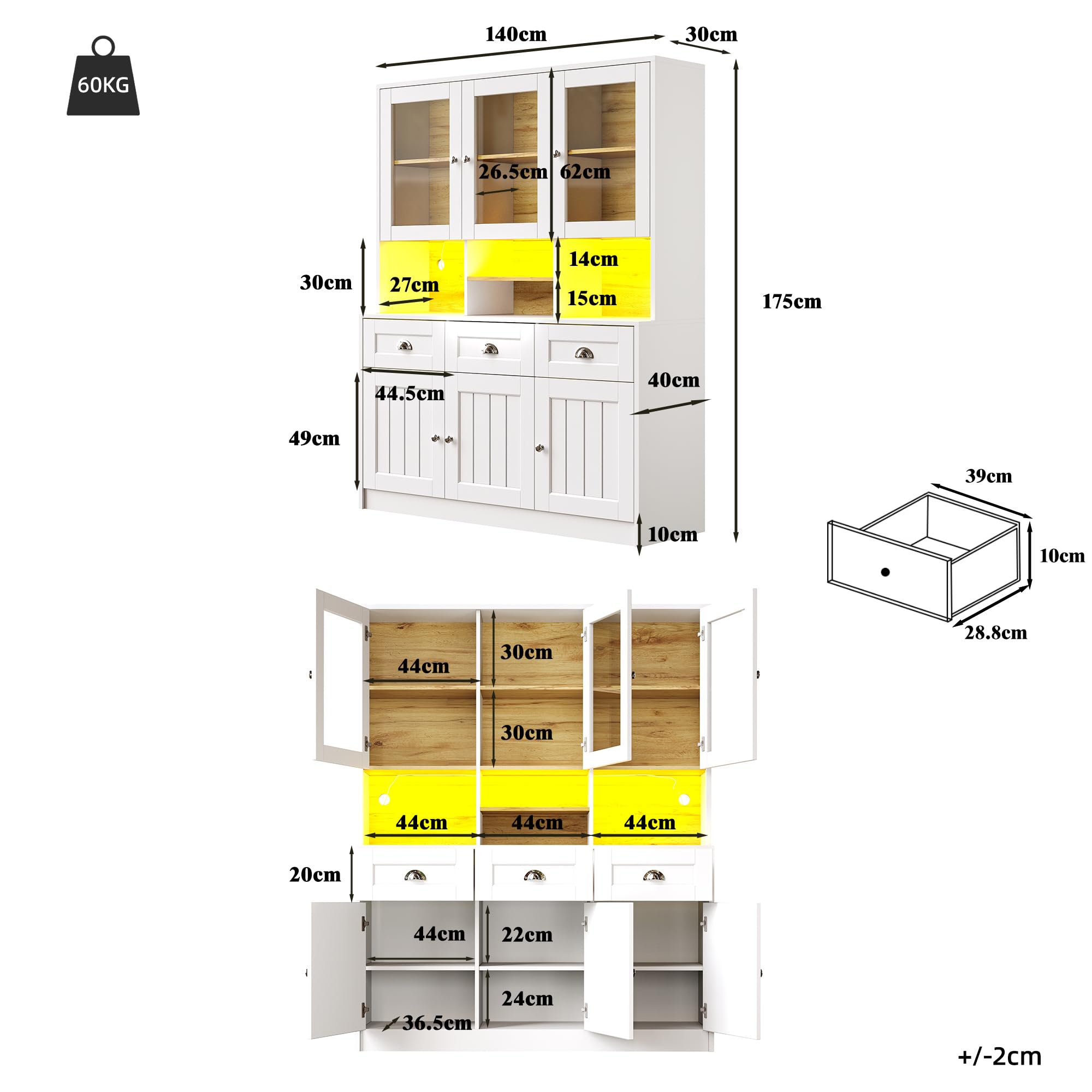 Dolamaní Küchenschrank Buffet 140cm Mit LED - Vitrine Mit Schubladen & Arbeitsplatte