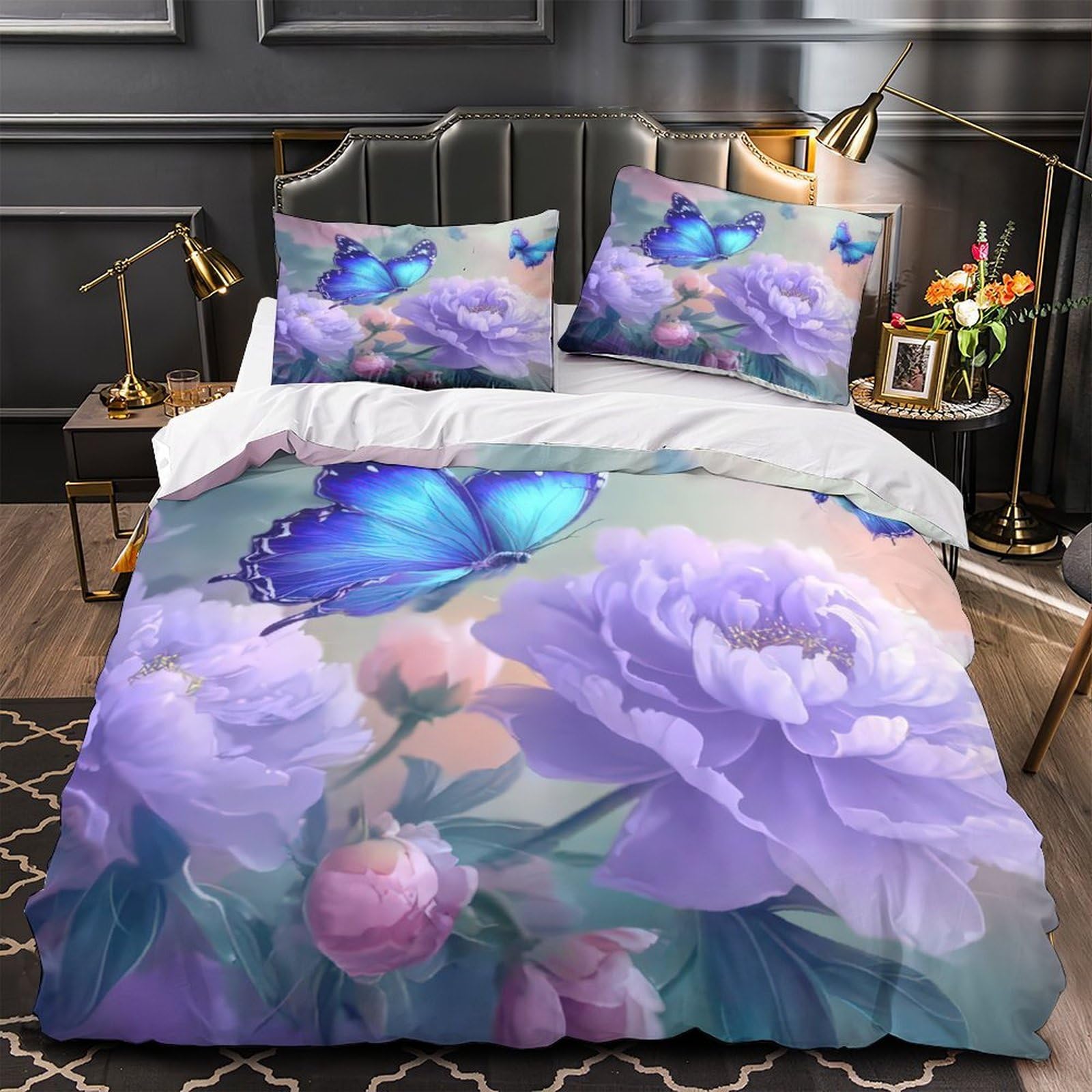 Parure de lit papillon bleu 140x200 microfibre avec housse de couette single
