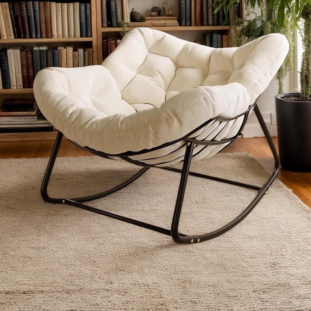 Chaise à bascule moderne en rotin tressé pour le jardin et la terrasse - Modèle bicolore gris et blanc