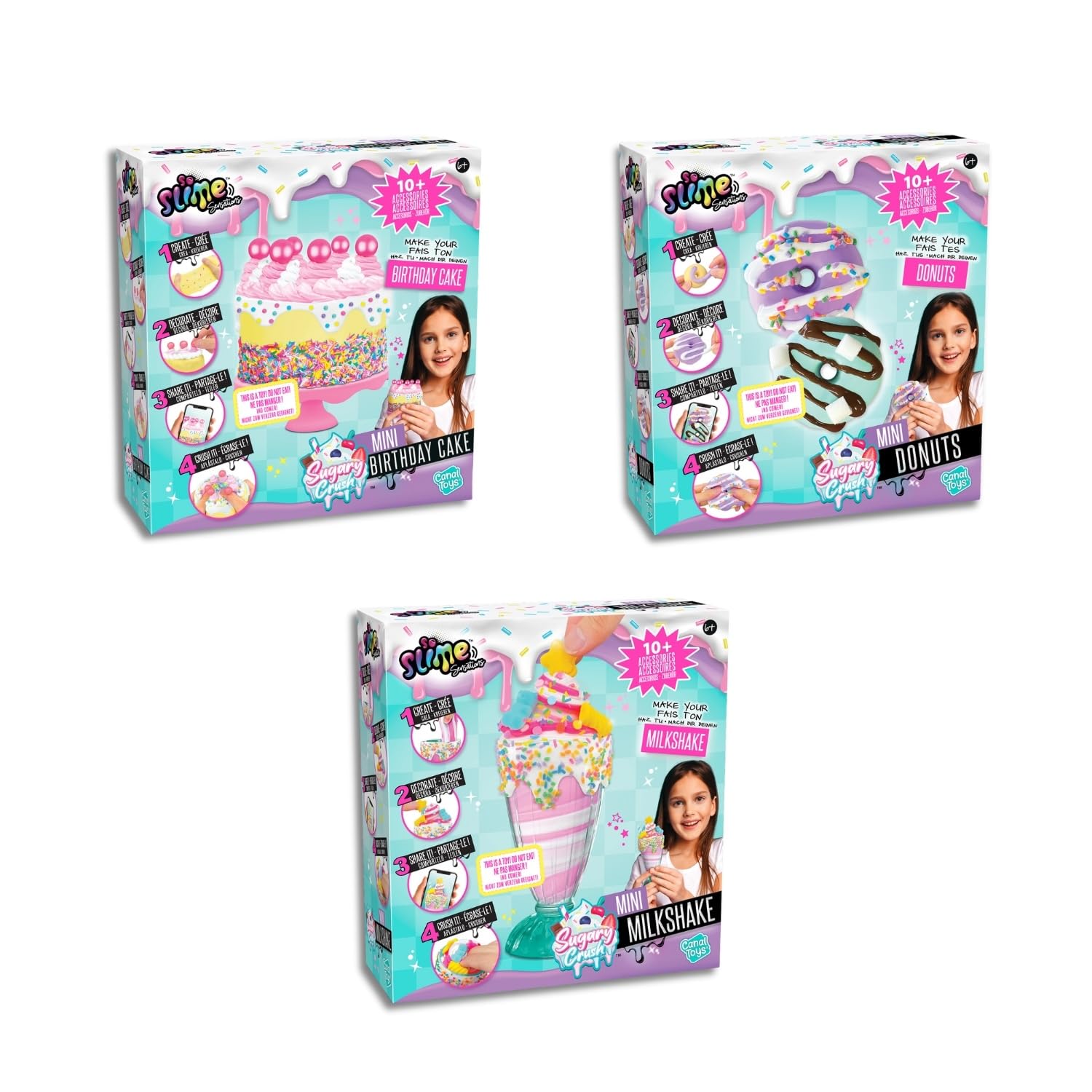 Sugary Crush Mini Assortment - Donut, Birthday Cake, Milkshake - Make, Decorate, Share + Crush - Each Kit Includes All The Slime Ingredients You Need, For Ages 6+
