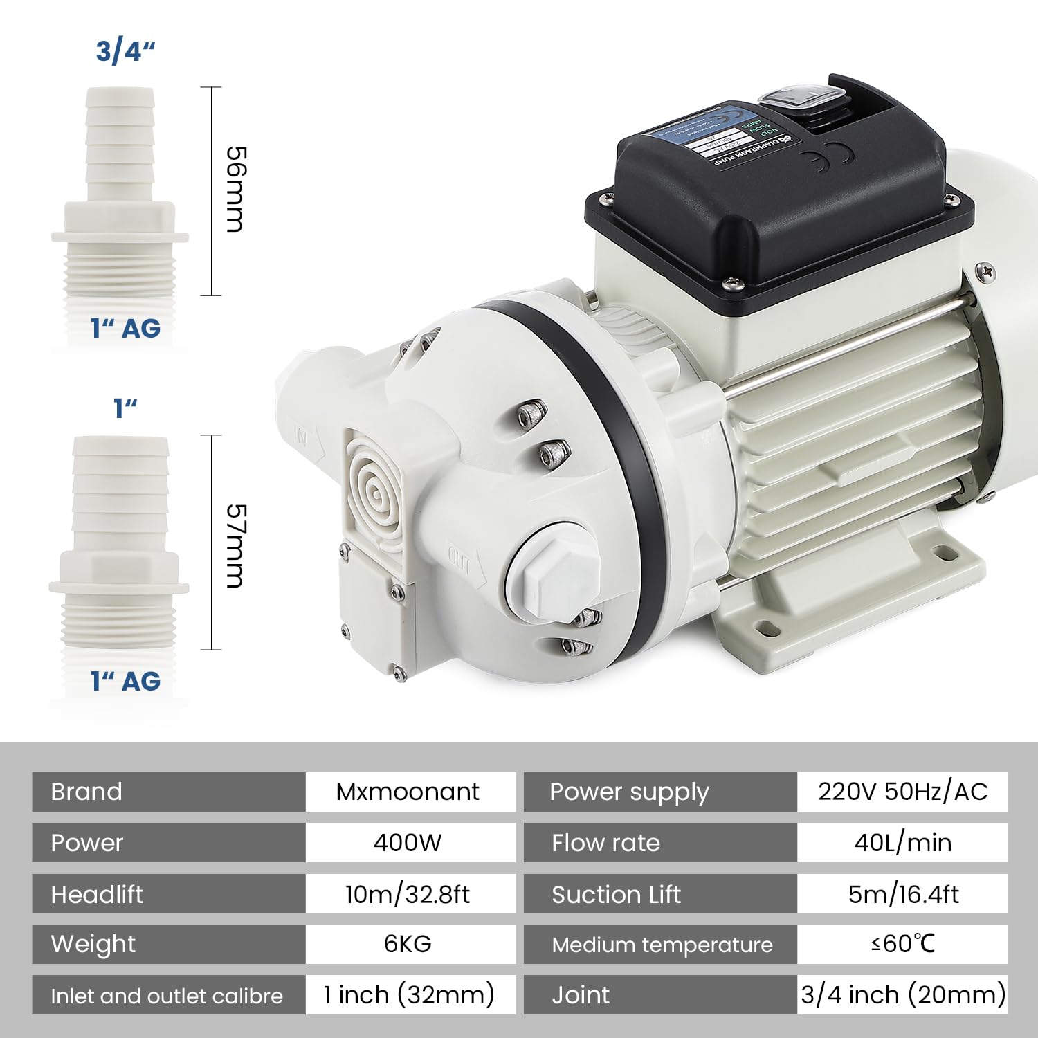 Mxmoonant 220V AC Multi-Flüssigkeits-Membranpumpe, 25 Psi, 1.7 Bar, 400W, 40 Lpm/min, Selbstansaugend, Start/Stopp auf Knopfdruck, für Diesel, Harnstoff, ADblue, DEF, Getränke