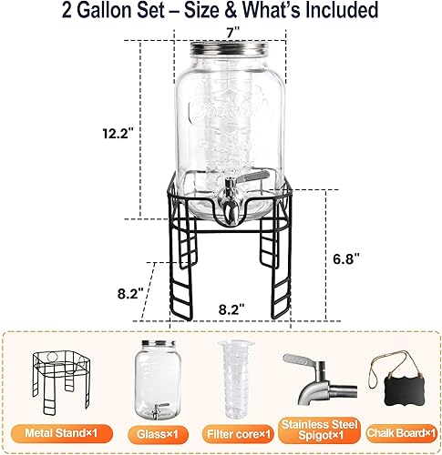 Miniatura 2 de Dispensadores de bebidas de 2 galones para fiestas, dispensadores de bebidas con soporte, dispensador de jarra de agua de vidrio, con grifo de acero