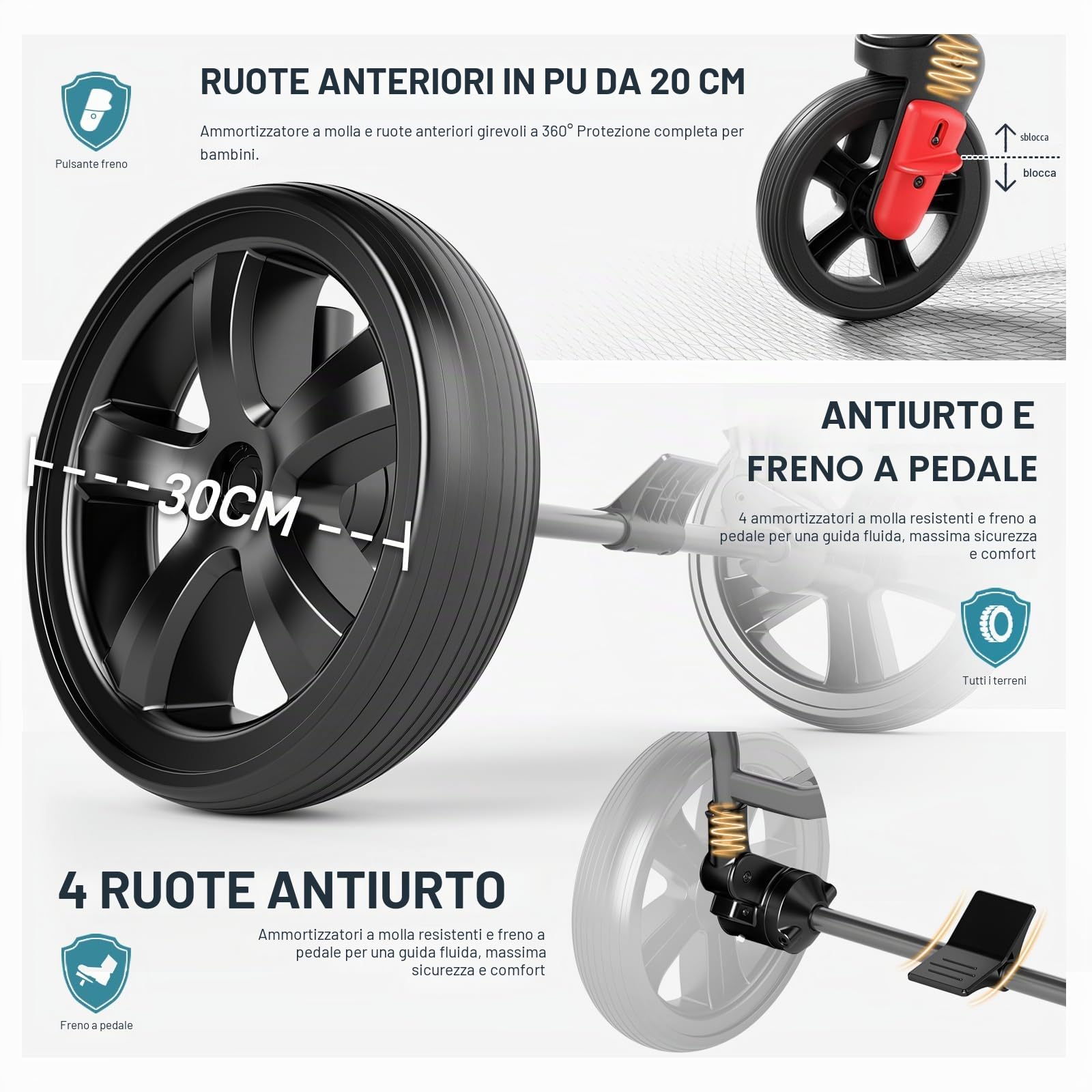 EVER ADVANCED Passeggino pieghevole per bambini con tetto, cintura di sicurezza 2x5 punti, carrello di trasporto con zaino, freno a pedale, capacità 50KG