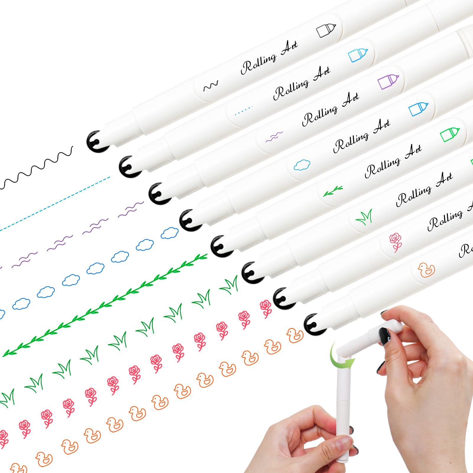 Rolling Art 8Pcs Colorful Fidget Curve Pen - 8 Patterns, Assemblable, DIY Shapes, Suitable for Journaling, Scrapbooking, Greeting Cards, Note Taking, Drawing, Novelty Toy Gift for Kids or Friends