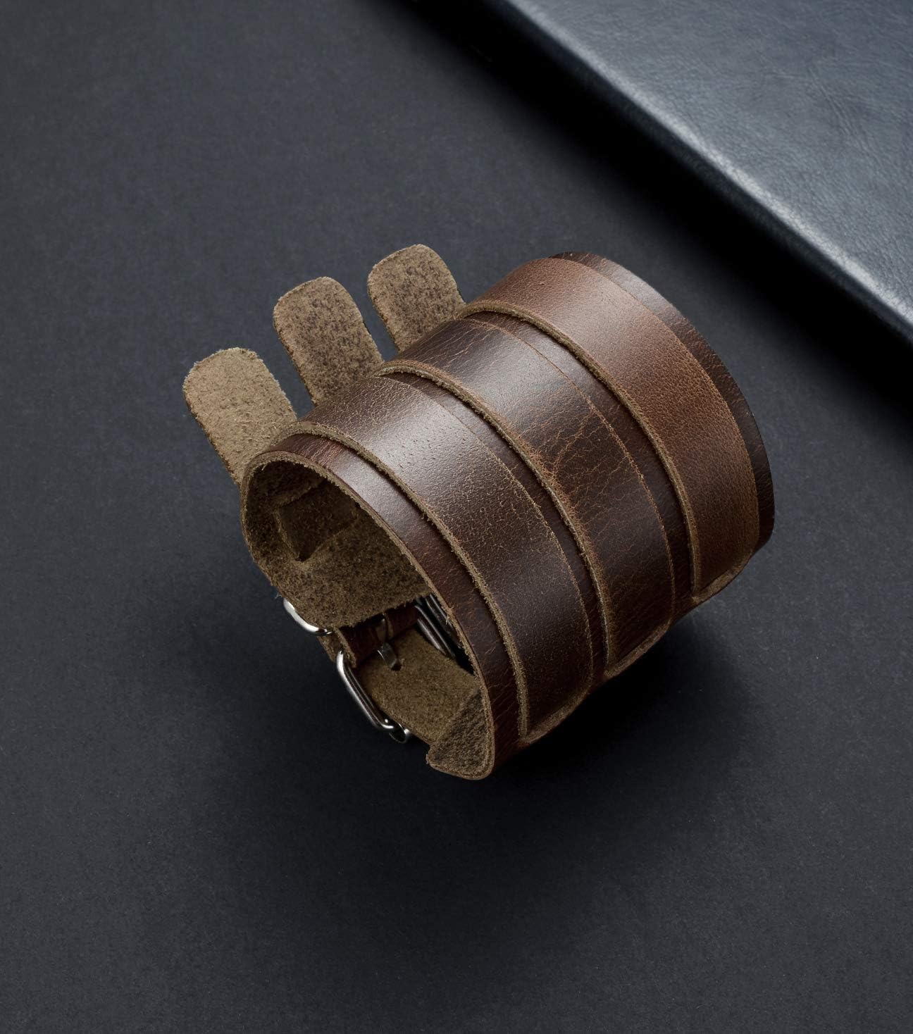 Tornito 1-2Pcs Genuine Leather Bracelet Punk Spike Studded Rivet Braided Chain Biker Bangle Three Wide Strap Gauntlet Wristband For Women Men Black Brown Size Adjustable - Image 5