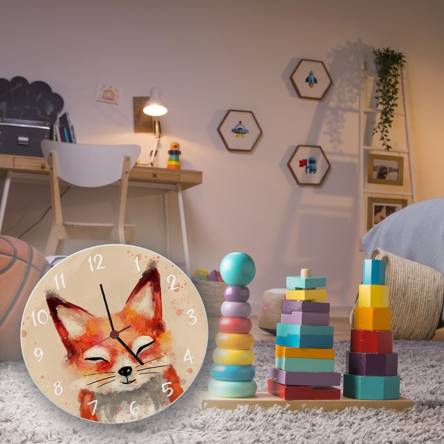 Orologio da parete a forma di volpe con effetto acquerello, bellissimo orologio per la cameretta dei bambini con simpatica volpe come decorazione per la cameretta dei bambini