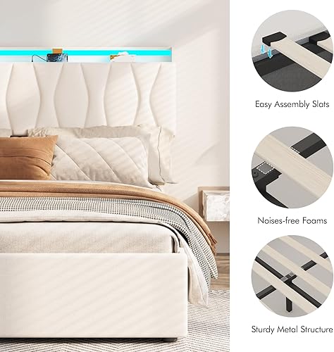 Miniatura 5 de Fameill Queen Size Lift Up Storage Bed Frame with Adjustable Headboard, Charging Station, LED Lights, Wood Slats, Noise-Free, No Box Spring Needed,