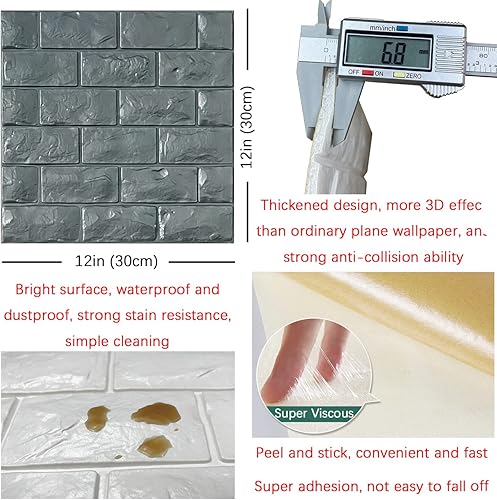 Miniatura 5 de Paneles de pared 3D para despegar y pegar, 30 piezas de papel tapiz de ladrillo de espuma gris para dormitorio, panel de pared de piedra sintética,