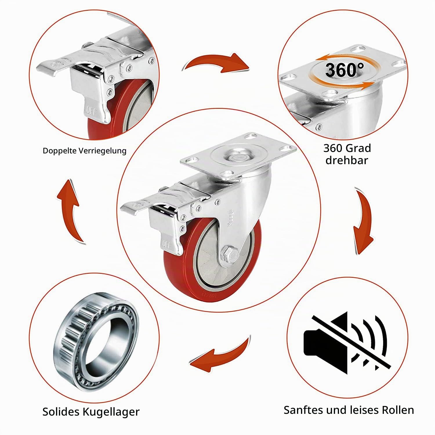 4er set Lenkrollen 100 mm mit Bremse，Doppelverriegelung 360 Lenkrollen Schwerlast mit 800kg Tragfähigkeit，Für Tragbarkeit für Möbeltransport & Industrietransport