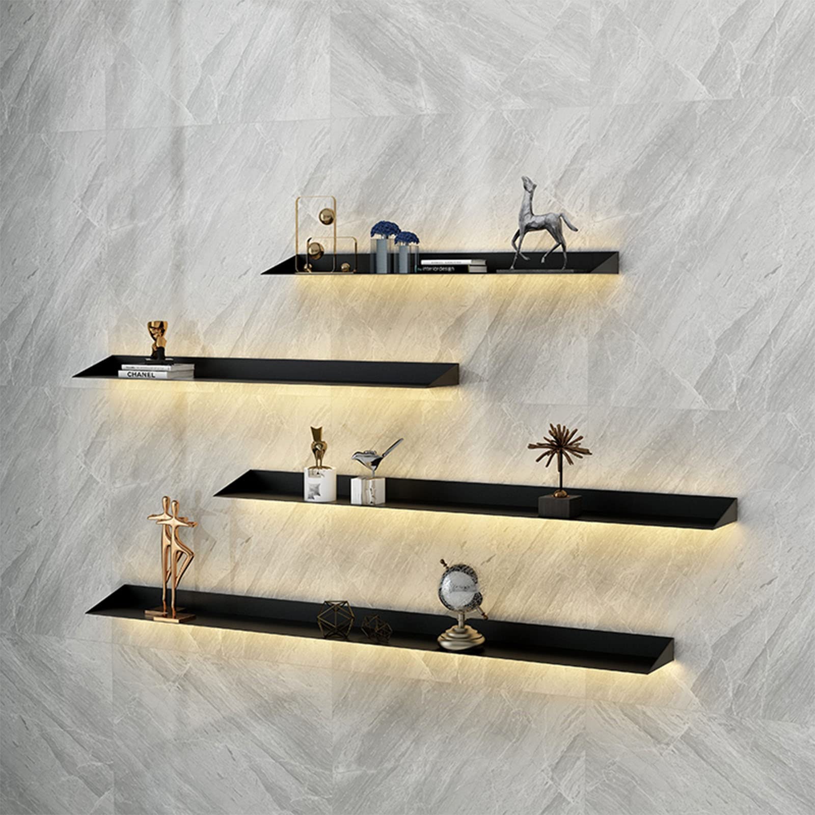 Estante de almacenamiento, estantes de pared flotantes, estantes de exhibición de acero montados en la pared con estantes de doble emisión de luz LED cálida para stand de exhibición (negro-150 cm)