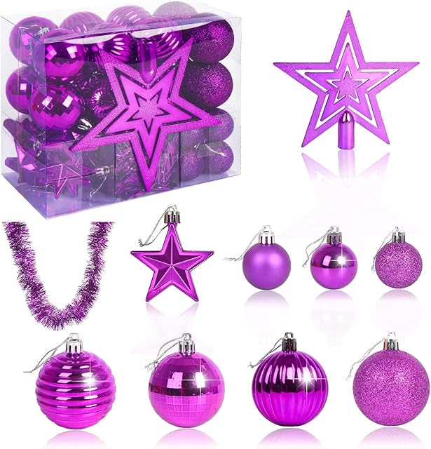 VEYLIN Christmas Tree Decorations Set of 40 Purple Christmas Baubles Hanging Ball Tinsel Garland Star Tree Topper Ornaments