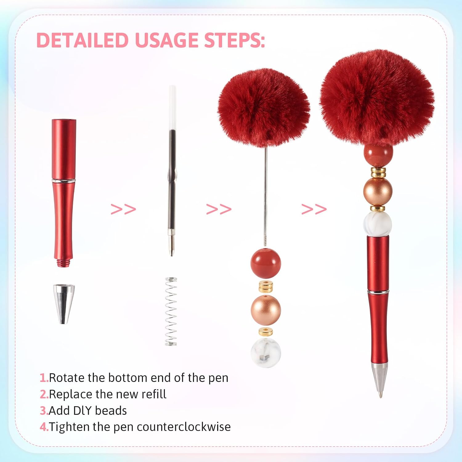 10 Pcs Pink Fluffy Beadable Pens,Plush Ball Beaded Pens,Fancy Fuzzy Pom Pom Pen with Black Ink for DIY Cool Pen Students Office School Graduation Gift Supplies image 5
