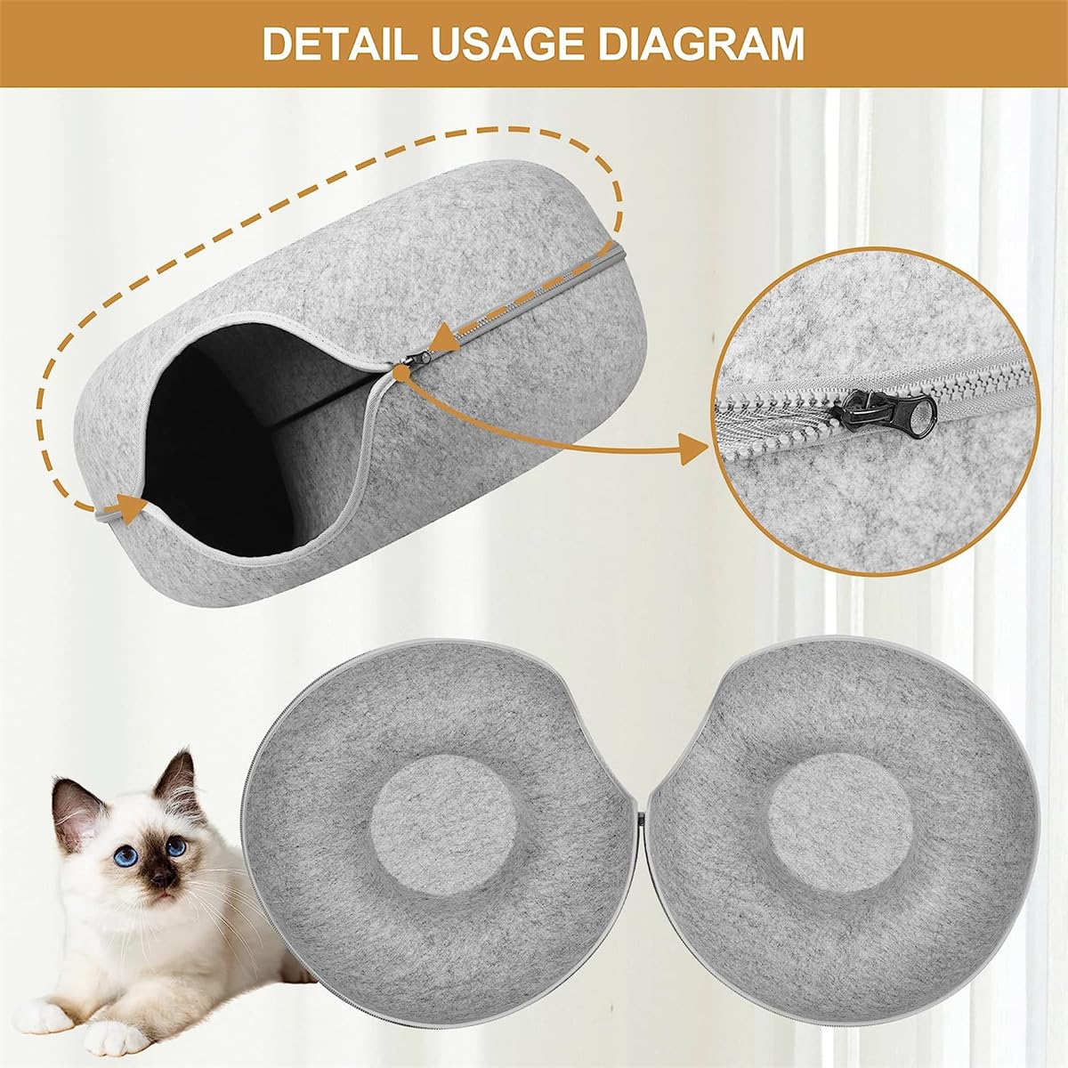 Tunnel/lit En Donut Pour Chat - En Feutre Résistant, Amovible (fermeture éclair) - Aire De Jeu Et Cachette - 3