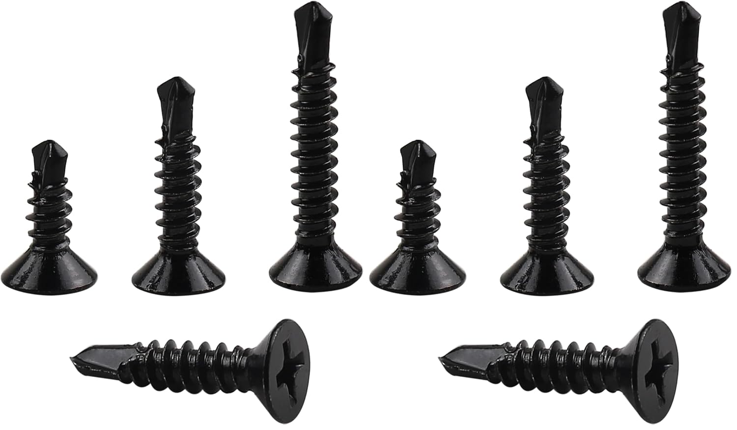 410 Stainless Steel #8 Self Drilling TEK Screw Assortment Kit, Flat Head Self Tapping Sheet Metal Screws, Length 1/2" 3/4" 1" 150 PCS - Black Oxide
