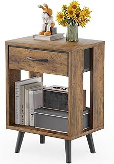 Nightstand with Fabric Storage Drawer and Open Wood Shelf, Side Table with Storage for Bedroom, Night Stand with Drawer for Bedroom, Bedside Tables - Rustic Brown