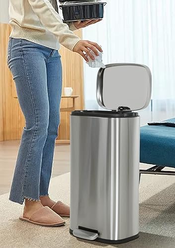 Vista 16 de Basurero de cocina con tapa, 50 litros/13 galones, de acero inoxidable, con pedal de pie y cubo interior extraíble, manos libres, cierre suave