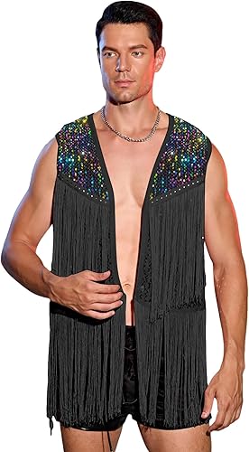 WDIRARA Men's Contrast Sequins Fringe Trim Sleeveless Open Front Party Club Jack