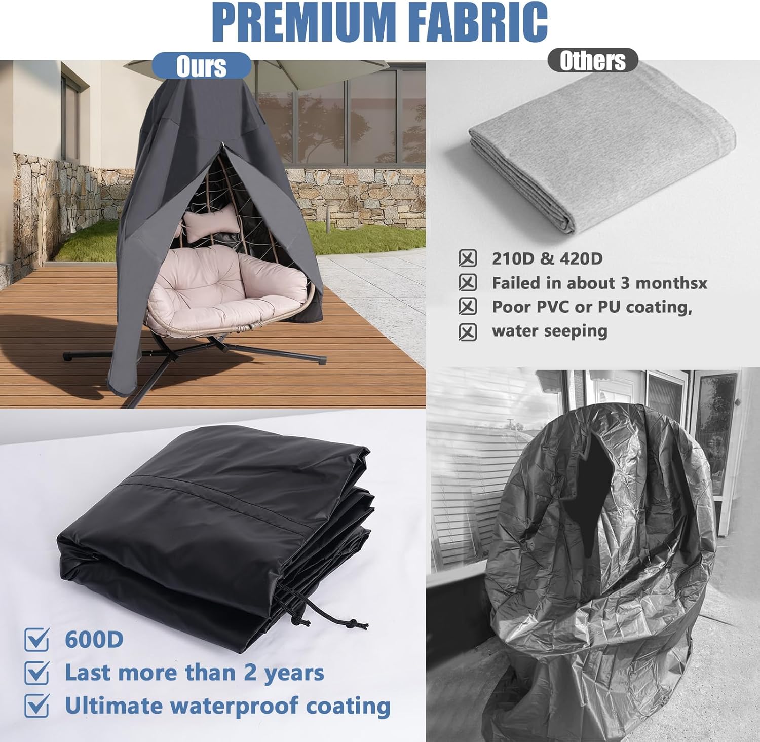 Patio Egg Chair Cover with Zipper Waterproof Heavy Duty Outdoor Hanging Chair Cover for Double Egg Swing Chairs All Weather Windproof UV Protection for Patio Furniture