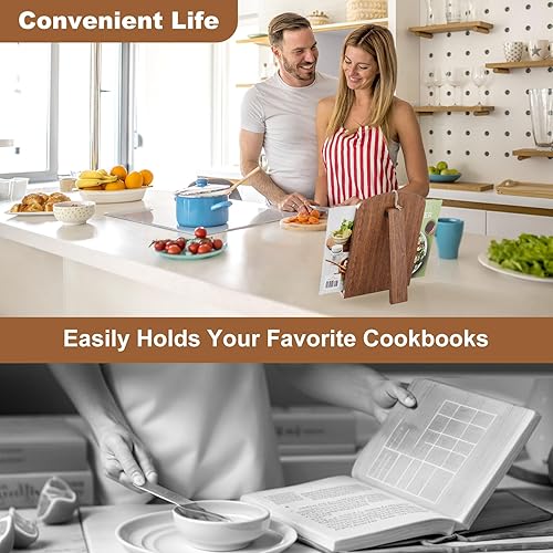 Miniatura 7 de Soporte de madera para encimera de cocina, soporte para libros de cocina marrón rústico que se adapta a exhibición colgante o de encimera, soporte