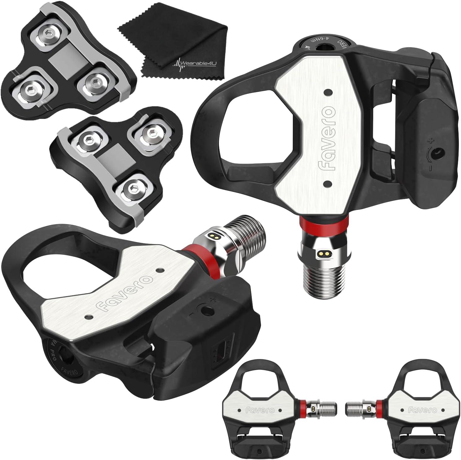 Favero Assioma PRO RL-2 Double Side Look Keo Compatible Power Meter Set, Easy-to-Transfer, Cycling Dynamics w/Black Cleats (0 Degree Float) & Wearable4U Towel Bundle