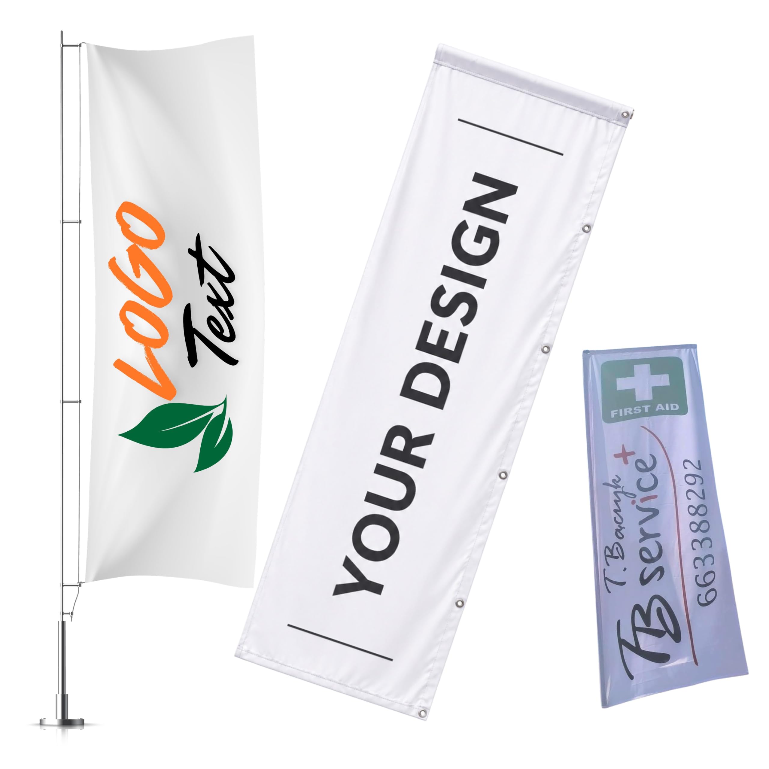 Personalisierte flagge vertical – Fahne selbst gestalten groß 100x350cm/PO | Werbeflagge personalisiert, Hochkant, Werbefahne, mit Foto, Logo, Text; Firmenflagge, Vereinsflagge, ohne Fahnenmast