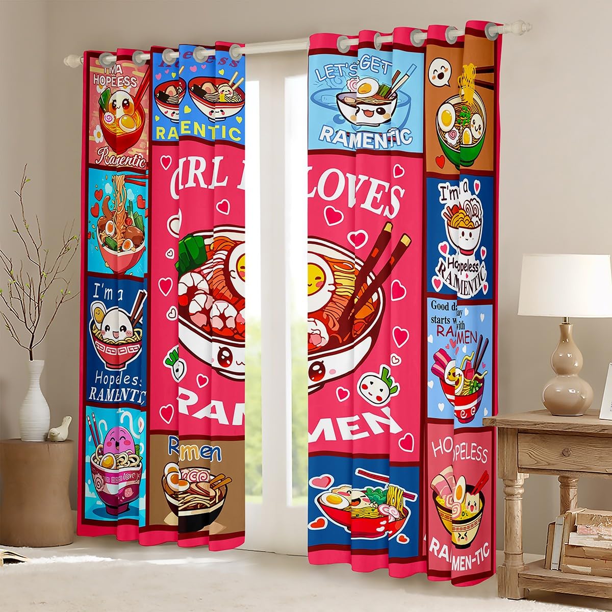 Loussiesd Ramen Vorhänge 245x140cm Kinder Jungen Mädchen Ramen Suppe Gardinen Geschenk für Mädchen liebt Nudeln Blickdichte Vorhänge Mädchen liebt Ramen Fenstervorhang Zimmer Dekor