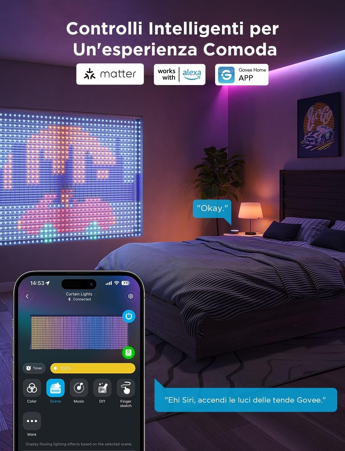Govee Curtain Lights 3x2m, Tenda LED Intelligente, 1040 LEDs, IP65 | Compatibile con Alexa, GIF DIY, Colori RGBIC, Decorazioni Natalizie, Controllo via App, Impermeabile IP65