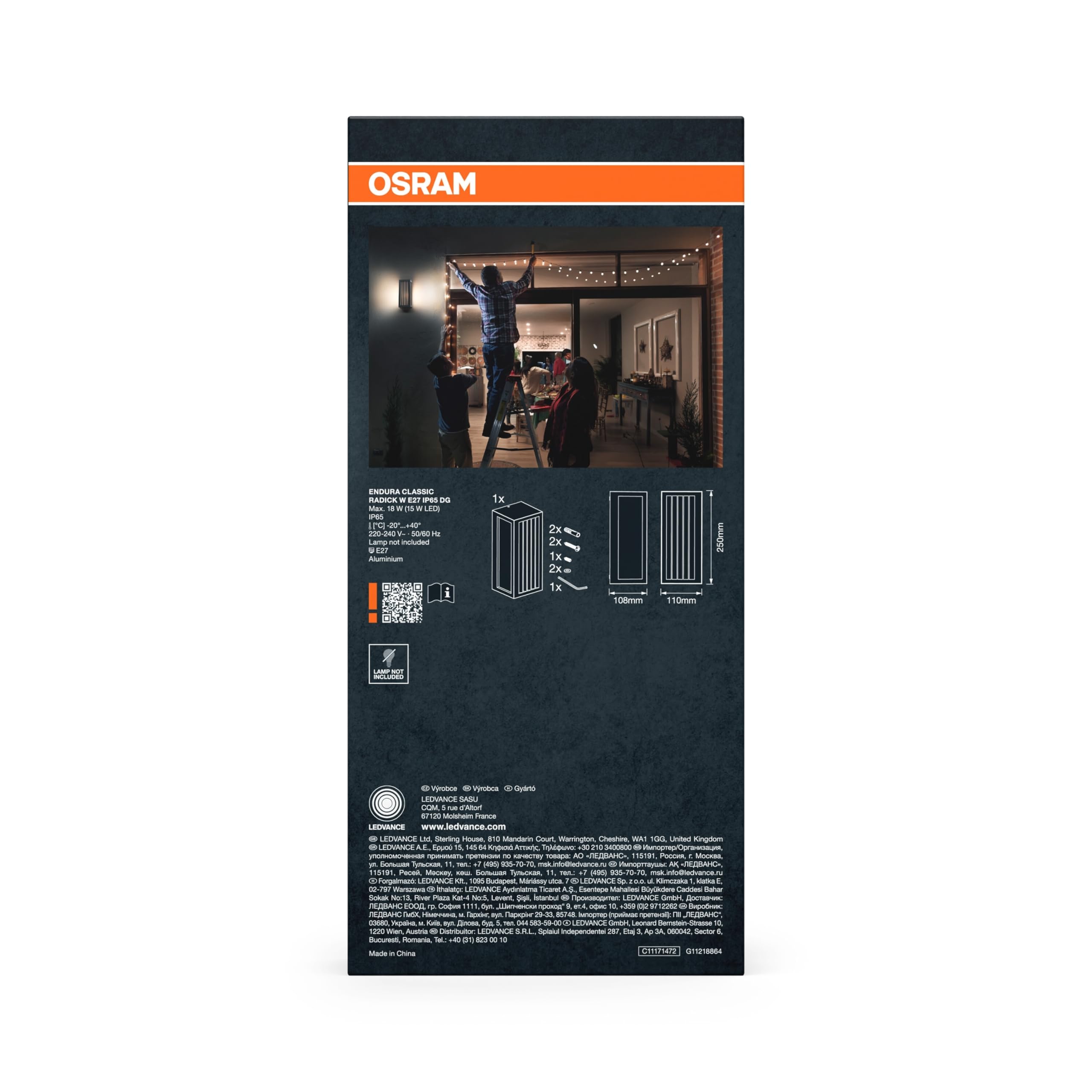 OSRAM Lampa zewnętrzna ENDURA CLASSIC RADICK W, oświetlenie ścienne, oprawka E27, ciemnoszara, aluminium, szybki i prosty montaż, matowy dyfuzor, stopień ochrony IP65, do użytku zewnętrznego