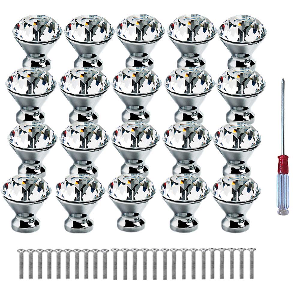 Pomo de cristal transparente de 30 mm, 20 unidades, con tornillo de pomo para cajón para armario de cocina, baño, tocador, pomo para decoración de gabinete (blanco)